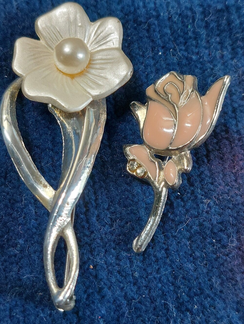 Vintage Floral Brooch Lot 2 PC Silver Tone Pearl Flower Blush Pink Enamel Rose
